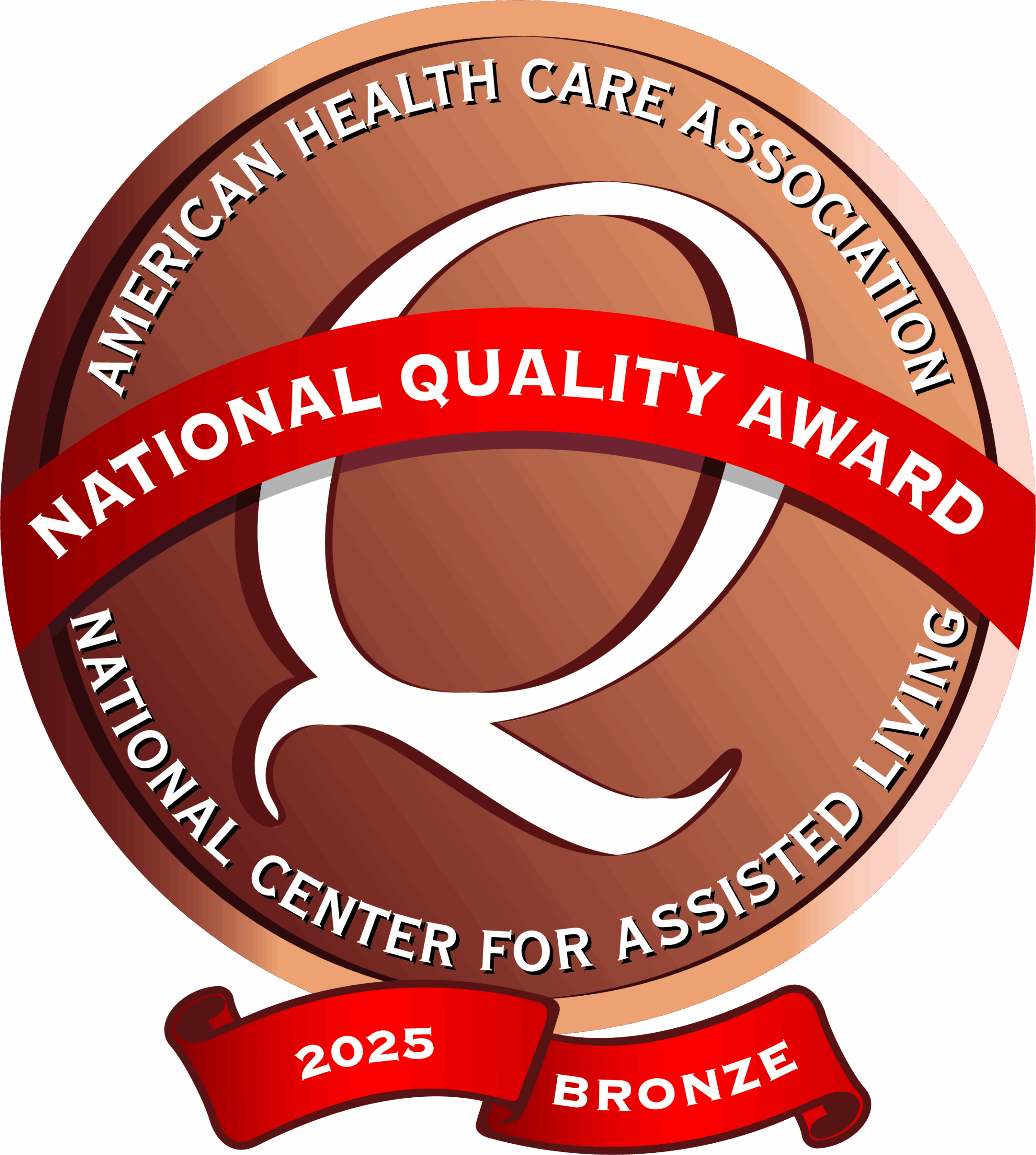 A circular badge with a brown background, featuring the white letter 
