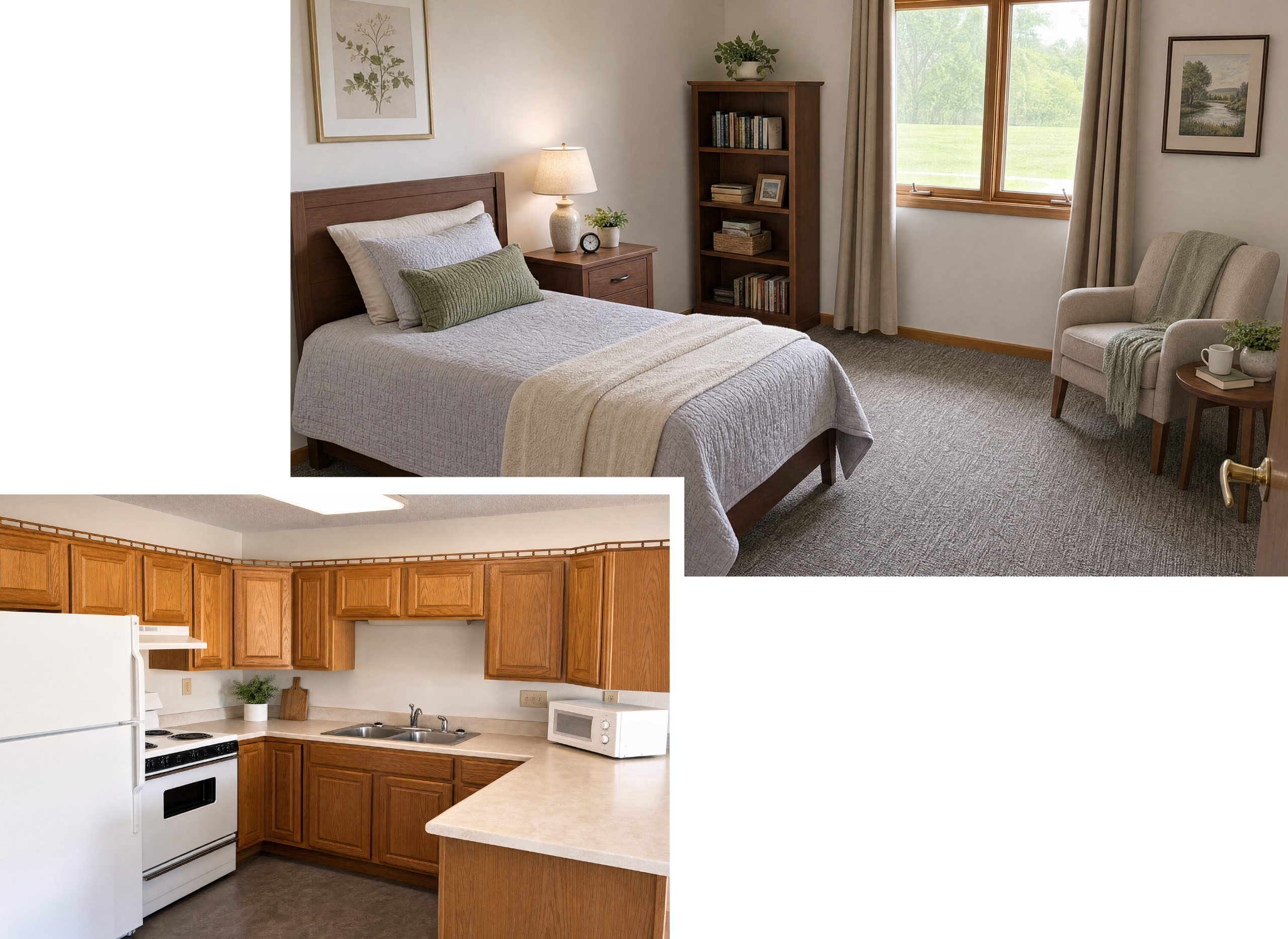 A bedroom with a wooden bed frame, light-colored bedding, a nightstand with a lamp and plants, a wooden bookshelf, a window with beige curtains, and an armchair with a blanket and a small side table with a plant and a cup. The kitchen has wooden cabinets, a white refrigerator, stove, microwave, and a beige countertop with a sink.