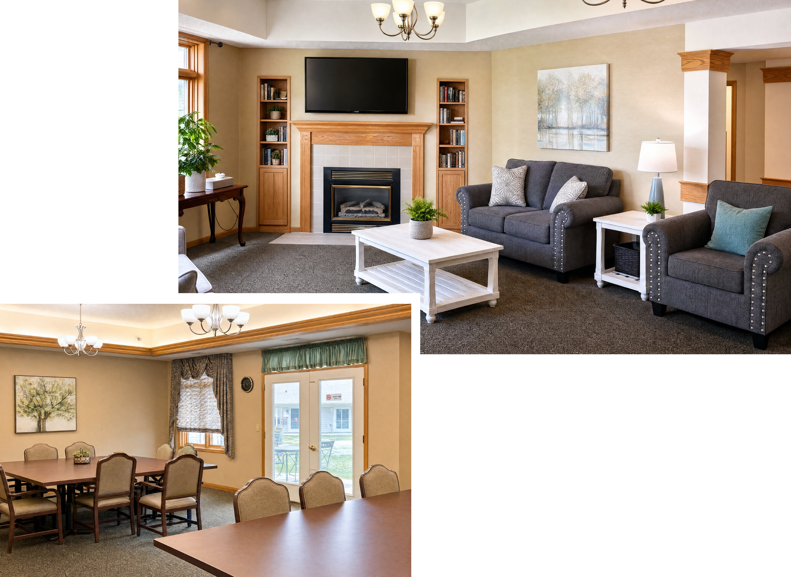 Interior common areas of Maple Manor Village Assisted Living, including a living room with a fireplace, television, and seating, and a dining room with a large table, chairs, and a door leading outside.