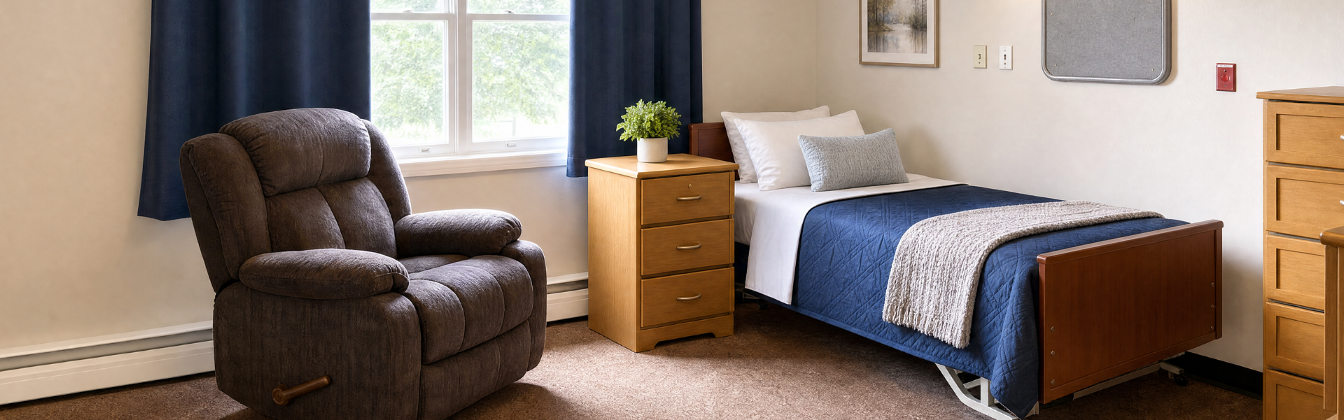 A cozy bedroom with a brown armchair, a wooden nightstand with a green potted plant, a bed with white and gray pillows and a blue quilt, a window with blue curtains, and light-colored walls with framed artwork and a bulletin board.