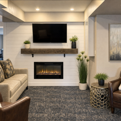 A cozy living room corner featuring a wall-mounted flat-screen TV above a wooden shelf with two potted plants. Below the shelf is a modern electric fireplace with a white shiplap wall background. To the left, a beige sofa with floral cushions; to the right, a brown leather chair next to a decorative side table with a potted plant. A tall plant in a white pot stands between the fireplace and the side table. A framed artwork hangs on the right wall, and the room has gray