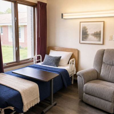 A cozy room with a hospital bed covered in a navy blue blanket and a beige throw, positioned near a large window with burgundy curtains, and topped with white and patterned pillows. Next to the bed is a gray recliner chair, and on the wall above, there is a framed landscape painting of a river with trees.