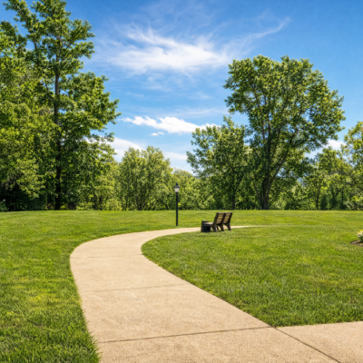 A paved walkway curves through a lush, green park with tall trees and a bright blue sky with some clouds. There are two benches along the path and a lamp post nearby.