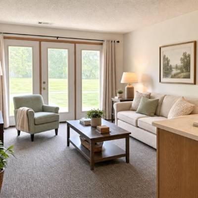 Living room with a beige sofa, armchair, wooden coffee table, and a side table with a lamp. Large glass doors lead outside, letting in natural light. A framed landscape picture hangs on the wall.
