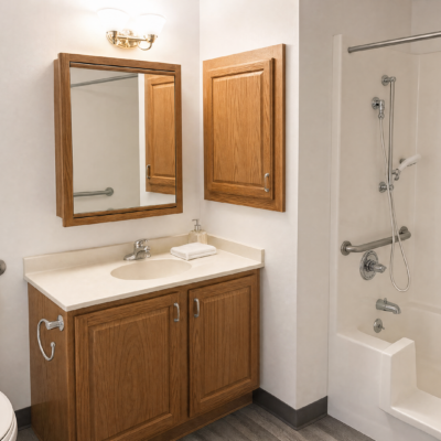 A bathroom with a wooden vanity and mirror, a wall cabinet, and a shower area with a grab bar and handheld showerhead.