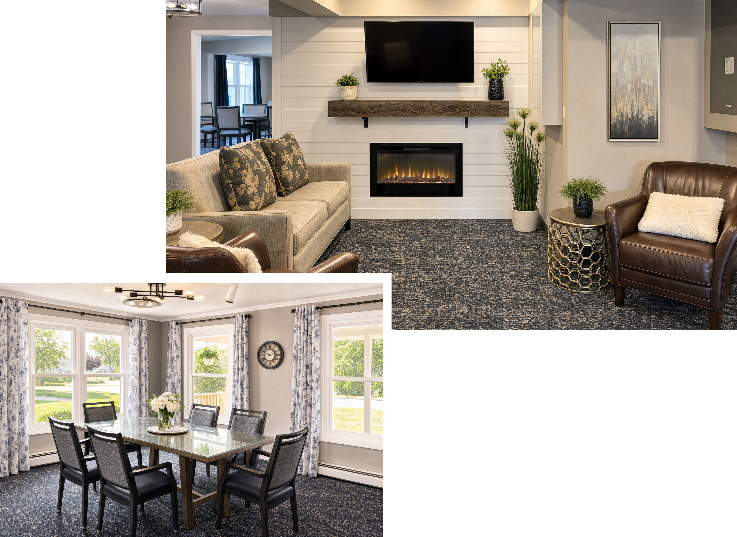 Living room with a beige sofa, floral cushions, a brown armchair with a cream pillow, a fireplace, a wall-mounted TV, and various potted plants; adjacent dining room with a wooden table, eight black chairs, large windows, floral curtains, and a clock on the wall.