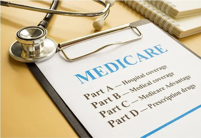 A Medicare benefits overview sheet on a clipboard, with a stethoscope resting on top, surrounded by a notebook and a pen.